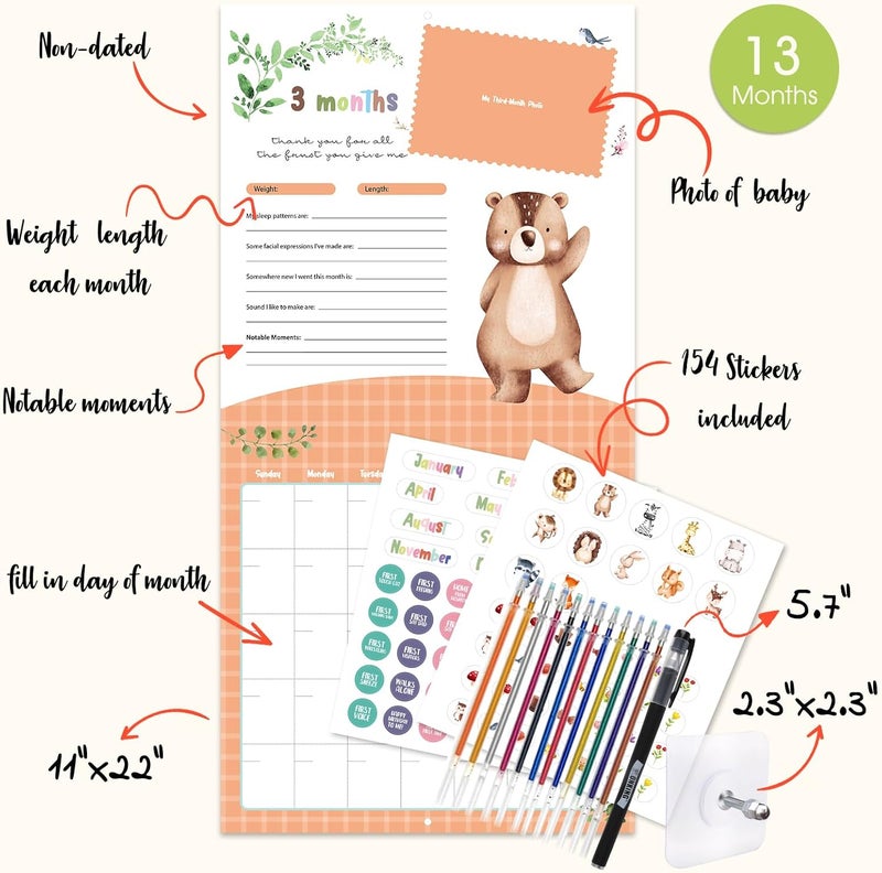Monking Baby's First Year Calendar with Stickers by Bright Day - 1st Year Tracker - Baby Memory Book for Girls to Document and Cherish Baby First Year Milestones,- Milestone Keepsake for Baby Boy with Pocket - Image 3